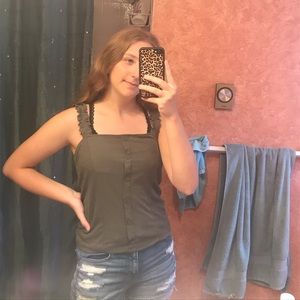 Green Lettuce Trimmed Button Down Tank Top